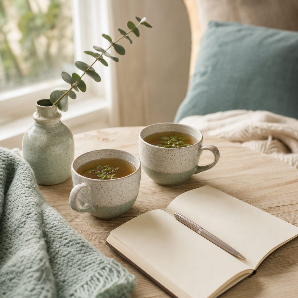 Two cups of tea and an open notebook on a calm wooden table by a sunlit window